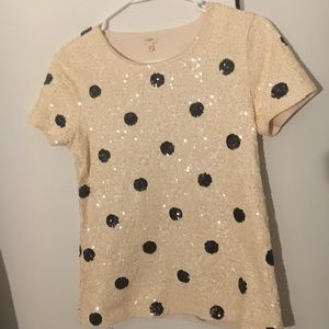 JCREW white sequin top with black polka dots